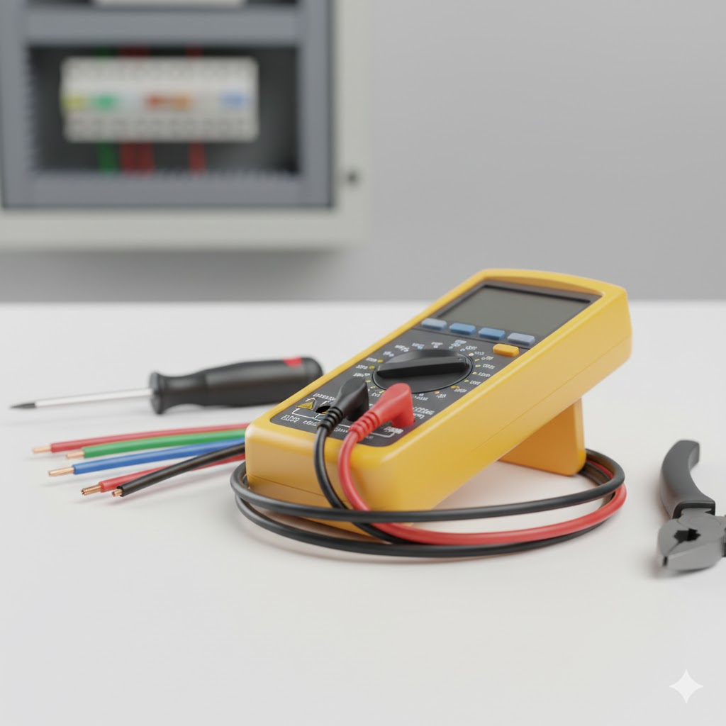 "Fotografía en primer plano de un multímetro digital amarillo sobre una mesa de trabajo blanca. Al lado hay cables eléctricos de colores (rojo, azul, verde-amarillo y negro) con las puntas peladas, un destornillador y unos alicates de corte. Al fondo, de forma desenfocada, se observa un cuadro eléctrico gris."